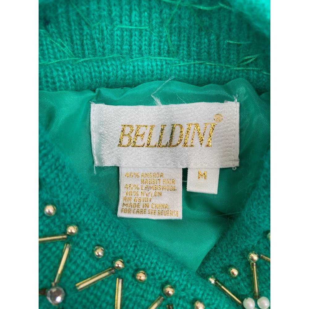 *Vintage Belldini Angora Embellished Button Cardigan Sweater M Green Gold Jewel - Picture 10 of 11